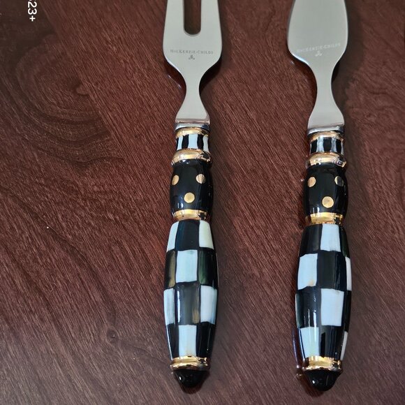 3 MACKENZIE CHILDS COURTNEY CHECK BLACK TIE CERAMIC CHEESE CHARCUTERIE KNIFE SET - Picture 2 of 12